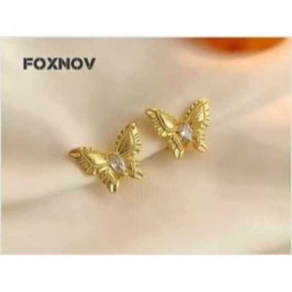 Women's Gold Crystal Cute Butterfly Stud Gold Plated Lightweight Earrings - Picture 3 of 5